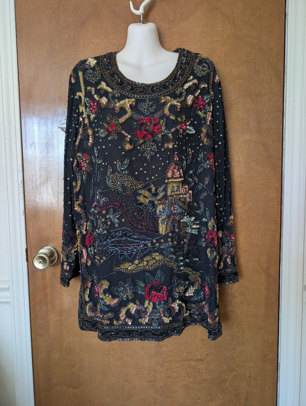Vintage QPS Black Silk Sequined Beaded Floral Scene Tunic Blouse Top